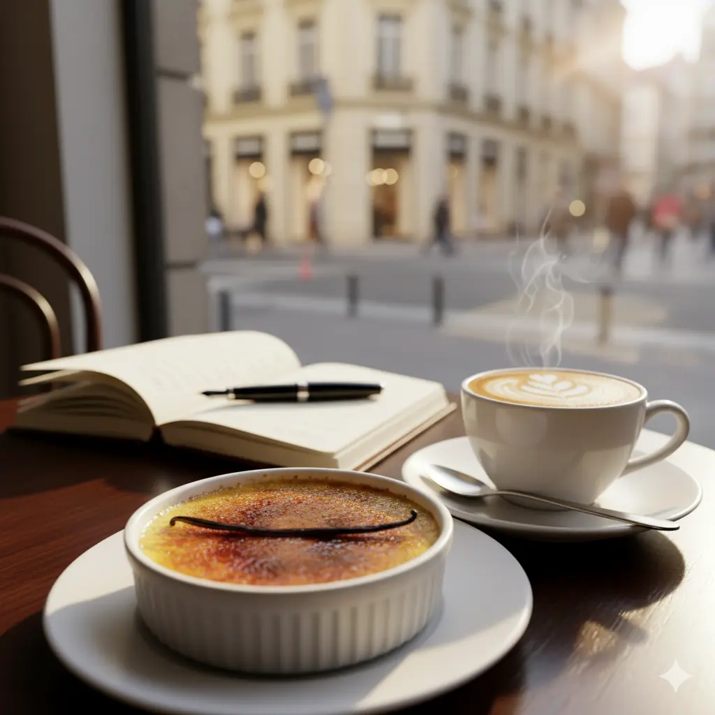 An elegant coffee and crème brûlée setup at a coffee shop, perfect for a mindful break. This image supports the discussion on how coffee, according to the Journal of Nutrition, may boost focus and long-term cognitive health