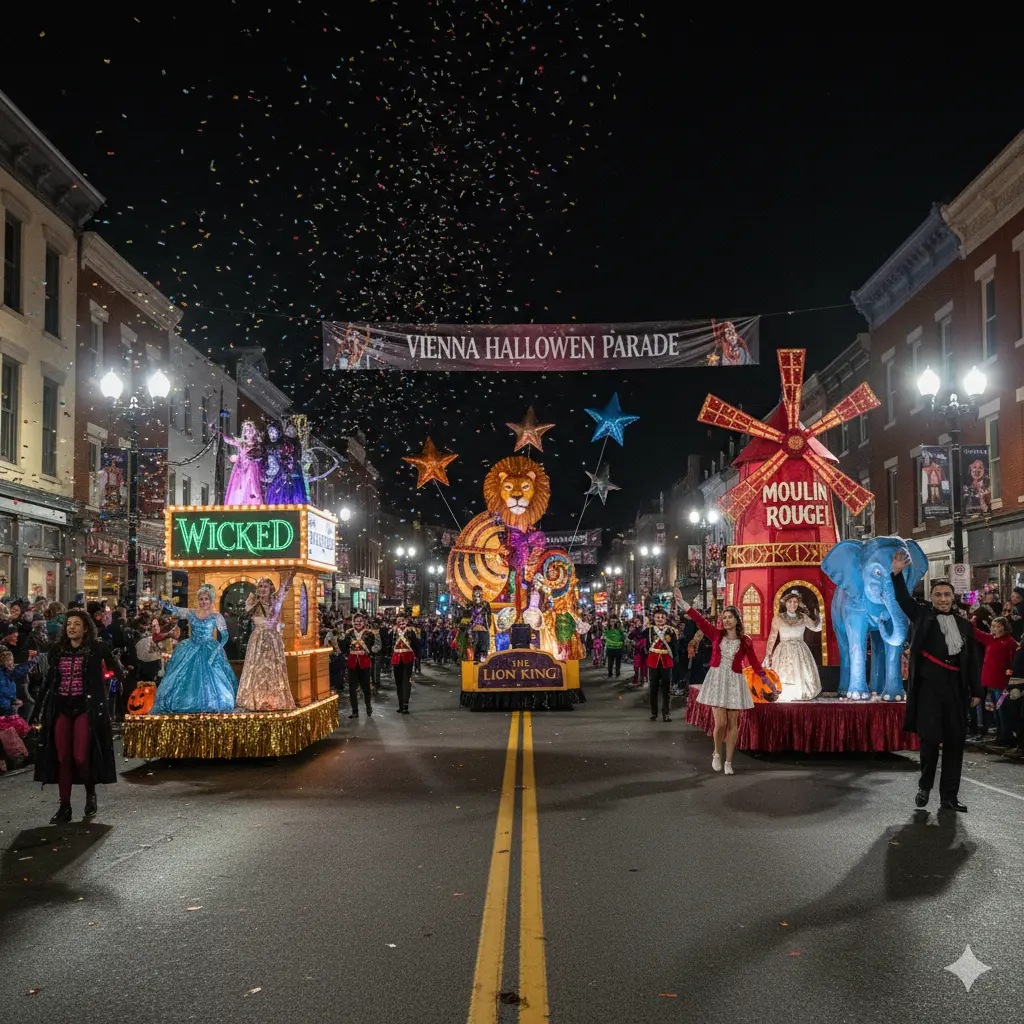 A vibrant nighttime view of the Vienna Halloween Parade in Vienna, VA, showcasing floats and participants adorned in a "Broadway on Maple" theme. The street is lined with spectators, and confetti falls from above, adding to the festive atmosphere.