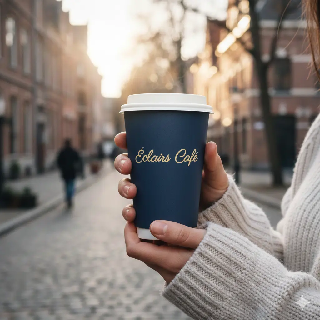 A person wearing a cream sweater holds a navy blue disposable coffee cup with the words "Éclairs Café" printed in gold script, featuring specialty coffee. The photo is taken outdoors in a city street at sunset, with a blurry background of historic brick buildings and a walking pedestrian, highlighting the on-the-go experience.