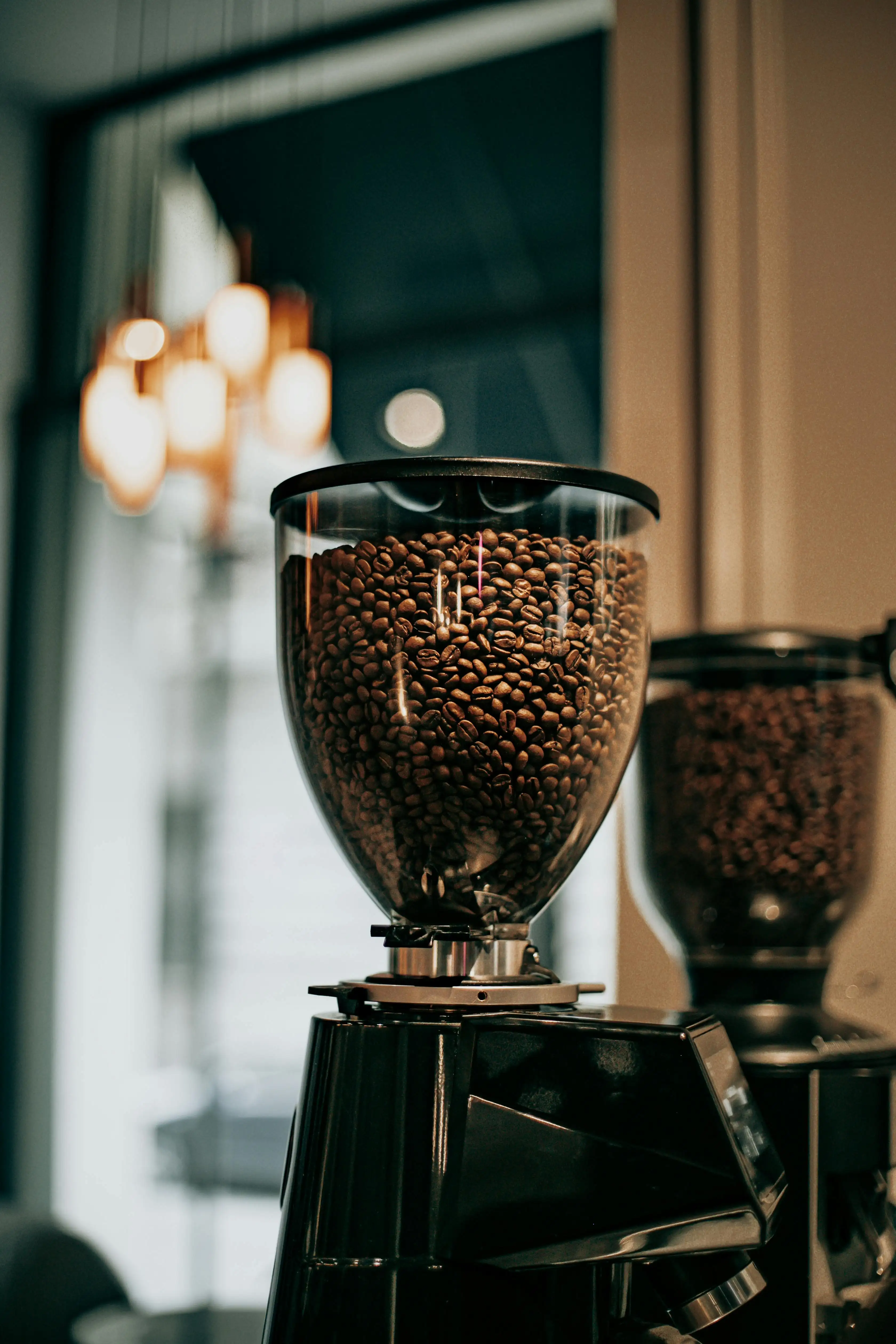 Professional coffee grinders filled with fresh roasted beans, set against a warm, inviting background with soft lighting.