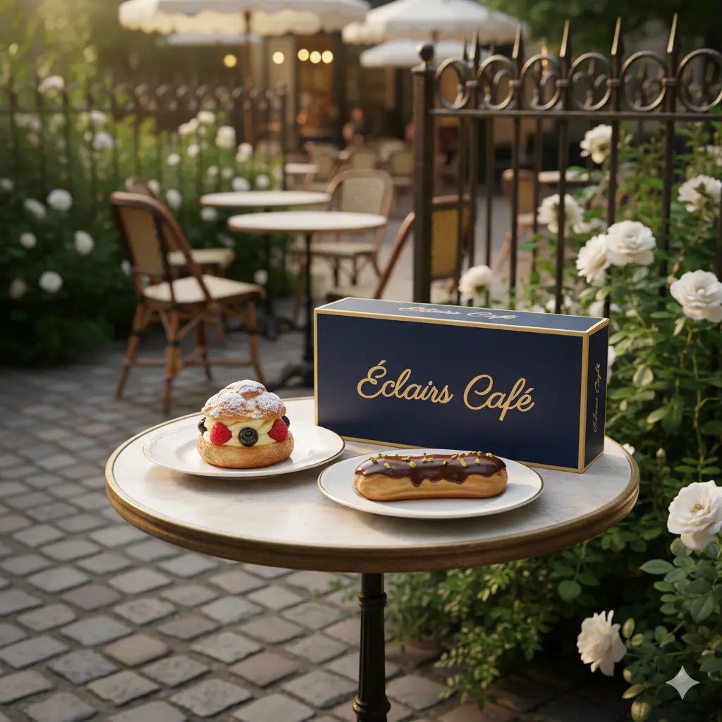 A beautiful, sunlit image of an Eclairs Café box resting on an outdoor marble table next to two different choux pastries—a classic chocolate eclair and a fruit-topped choux a la crème. This scene captures a moment of elegant indulgence, contrasting eclairs vs cream puffs as part of the French café experience.